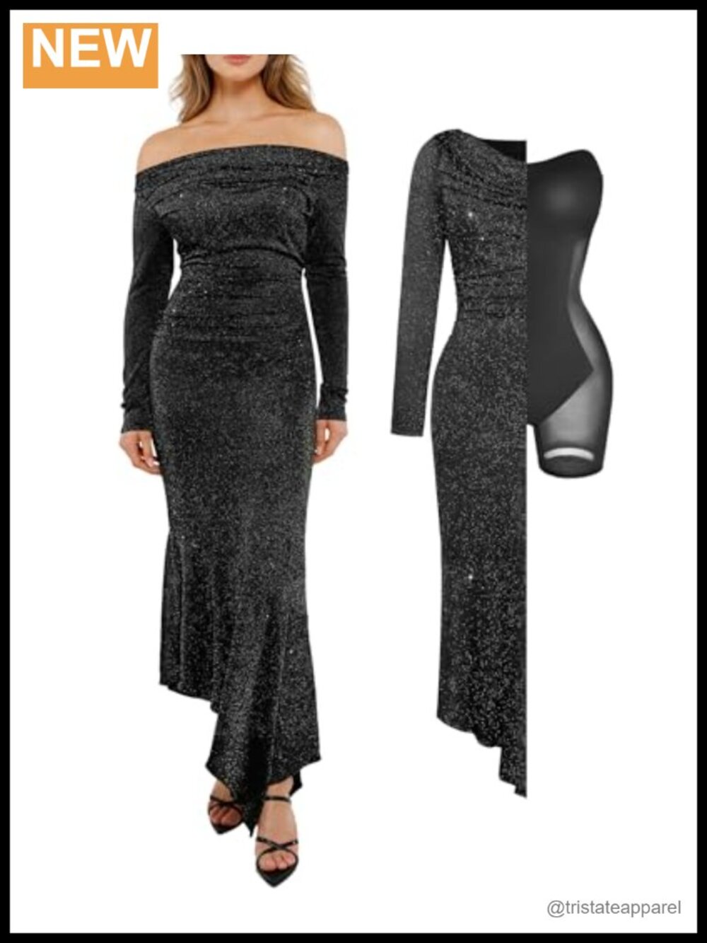 Popilush Shapewear Maxi Dress Sparkly Off Shoulder Long Sleeve Formal Cocktail